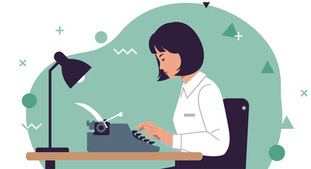 a woman typing on a typewriter, with a lamp to her left and geometric shapes in the background. Suitable for landing page, banner, marketing, web design, presentation, infographic, etc.