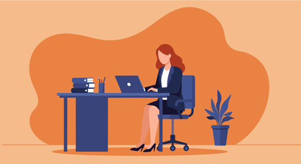 a woman sitting at a desk, working on a laptop, with a stack of books and a potted plant beside her. Suitable for landing page, banner, marketing, web design, presentation, infographic, etc.