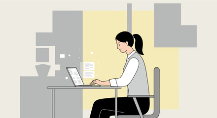 a woman seated at a desk, focused on her laptop screen, with a backdrop of abstract geometric shapes. Suitable for landing page, banner, marketing, web design, presentation, infographic, etc.