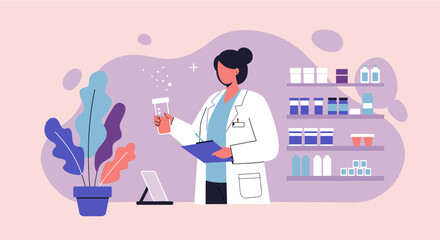 A female pharmacist in a white coat meticulously checks medicine in a modern drugstore, depicted in a clean flat design illustration.