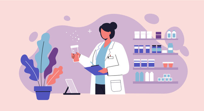 A female pharmacist in a white coat meticulously checks medicine in a modern drugstore, depicted in a clean flat design illustration.
