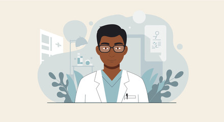 a man wearing glasses and a white lab coat, standing in front of a backdrop with medical equipment and plants. Suitable for landing page, banner, marketing, web design, presentation, infographic, etc.