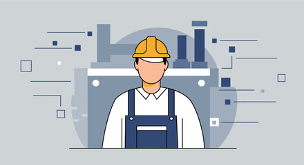 a person wearing a hard hat and overalls, standing in front of a backdrop with industrial elements. Suitable for landing page, banner, marketing, web design, presentation, infographic, etc.