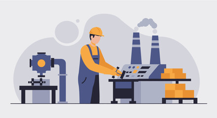 a worker in a factory setting, operating a machine with pipes and smoke stacks in the background. Suitable for landing page, banner, marketing, web design, presentation, infographic, etc.