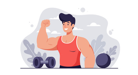 a man flexing his bicep, wearing a red tank top, with dumbbells and a plant in the background. Suitable for landing page, banner, marketing, web design, presentation, infographic, etc.