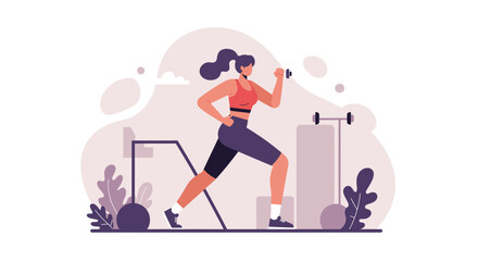 A female athlete in a modern flat design illustration is actively working out with a dumbbell, symbolizing health and an active lifestyle.
