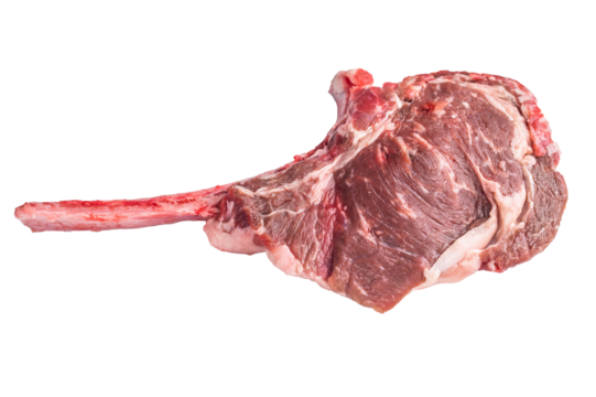 Uncooked tomahawk steak, raw black angus beef rib eye with bone Isolated on a white background. top view