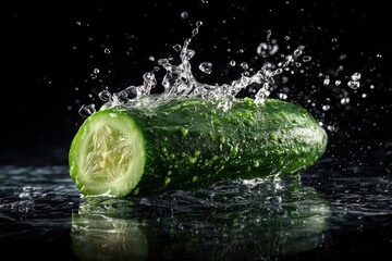 A cucumber slice sits amid water splashes