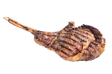 Grilled Tomahawk beef steak, cooked rib eye with bone isolated on white background. top view