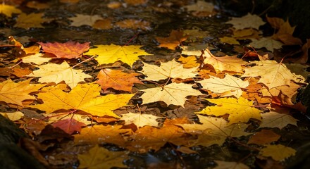 Autumn leaves floating on water surface, nature scenery with vibrant colors and sunlight