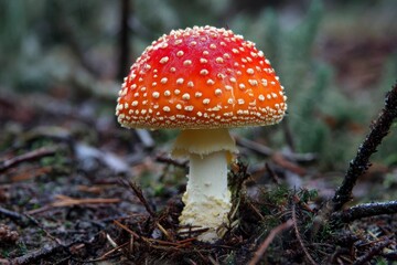 Fototapeta premium A vibrant redcapped whitespotted mushroom a Fly Agaric stands prominently in a dark forest floor setting of twigs and forest debris