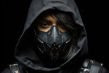 black background, cyber model with a mask, deep black 