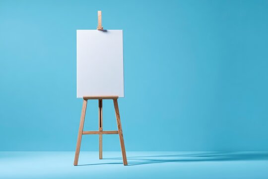 A wooden easel holds a blank white canvas against a light blue backdrop