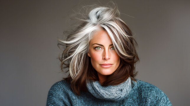 A woman with gray hair and a blue sweater. She has a greenish tint to her eyes