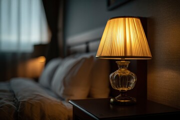 Bedside lamp with a pleated shade illuminates a dark room