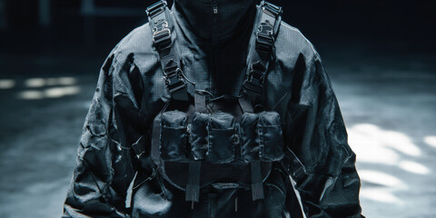 Abstract torso shot of floating chest rig and techwear jacket combination, black carbon-fiber-like textures, metal clips,