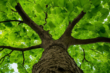 Upward View of a Majestic Ginkgo Tree, Bathed in Sunlight, Showcasing its Unique Fan-Shaped Leaves and Textured Bark