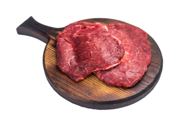 Butcher board with raw beef cheeks, uncooked meat Isolated on white background. top view