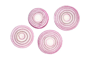 Raw onion rings isolated on white background. top view