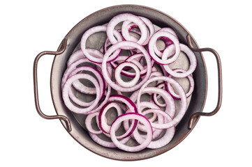 Sliced red onion rings in bowl isolated on white background. top view