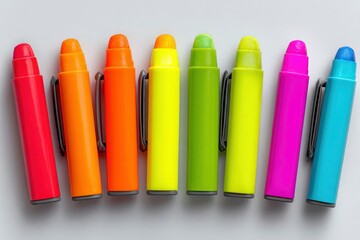 Row of 8 colorful highlighters ranging from red to blue on a white surface featuring black clips and caps