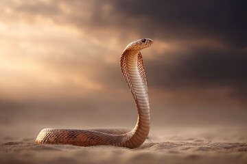 Fototapeta premium A cobra snake standing tall in the desert with a cloudy sky in the background
