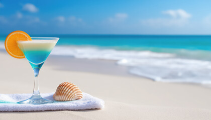 A tropical cocktail with a slice of orange sits on a sandy beach, accompanied by a seashell and a beautiful ocean view.