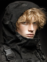 Urban tactical techwear ensemble featuring carbon-fiber buckles, LED-integrated sleeves