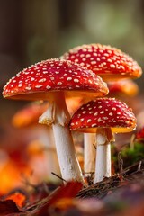 Obraz premium Three red and white spotted toadstools in a forest setting with two larger and one smaller mushroom prominent
