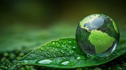 Earth globe rests on dew-kissed leaf