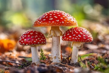 Obraz premium Three red mushrooms dotted white stand in a woodland setting amidst leaves and moss