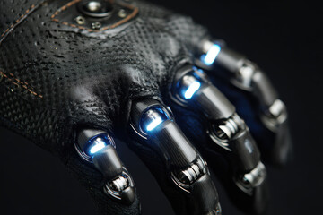 Close-up robotic hand wearing black techwear glove with carbon fiber plating and LED finger rings glowing faintly blinding hard light from the left. 