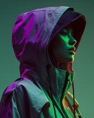 Portrait shot of a female model in cyber-trench techwear jacket, hood covering half face, 