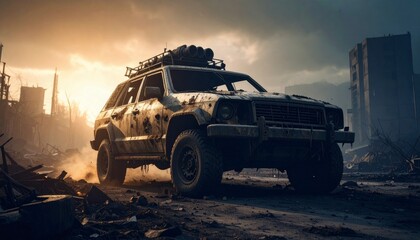 Post apocalyptic armored car with roof rack 