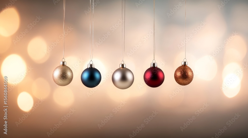 Aufkleber Elegant christmas ornaments display with shiny metallic finish on suspended strings in warm bokeh background.