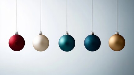 Elegant christmas ornaments displayed in a row with different colors on light background.