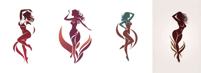 Obraz premium Set of stylized silhouettes of women posing with artistic elements