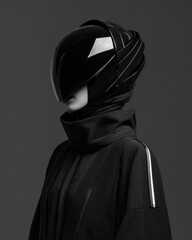 Faceless portrait of a model in sleek stealth techwear helmet with a raised collar cloak, silver stripe reflections on shoulder pads lit from both left and right to form harsh shadow 
