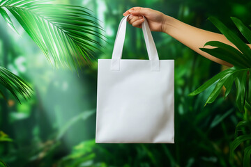 Generic White Tote Bag Held Against a Blurred Background of Palm Leaves and Exotic Plants