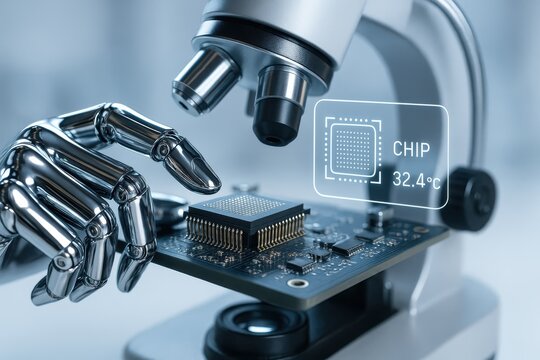 Robot arm holding computer chip under microscope shows technological advancement