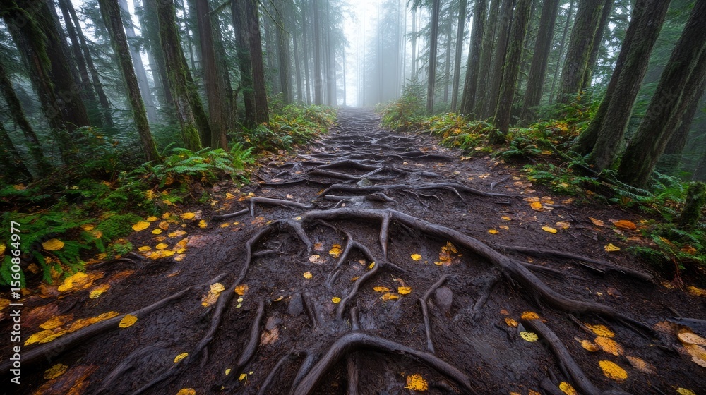 Poster mystical forest path with exposed roots and falling leaves shrouded in mist during early morning lig