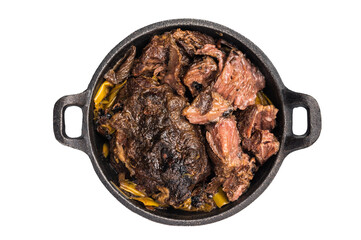 Red Wine Braised Beef Cheek meat with Creamy sauce in a skillet isolated on white background. top...