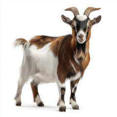 Fototapeta premium Brown and white goat standing with playful expression on white background 