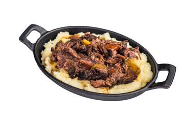 Braised Beef Cheek, Slow cooked meat with smashed potatoes in a skillet isolated on white...