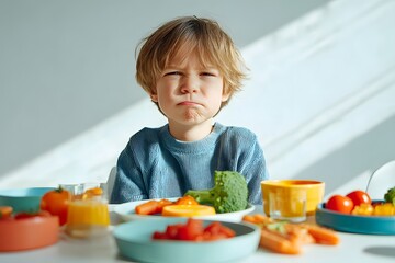 A toddler grimaces at a piece of broccoli, a common childhood struggle symbolizing picky eating, healthy food challenges, and strong-willed kids.