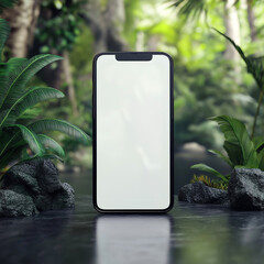 Modern Smartphone Mockup on Dark Pedestal in Lush Tropical Jungle Setting - Technology Meets Nature