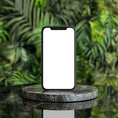 Sleek Blank Screen Mobile Phone Mockup in an Enchanting Jungle Setting, Ideal for Product Showcase