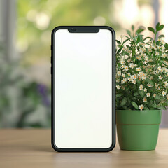 Modern Smartphone Display on Rustic Pedestal Amidst Lush Tropical Foliage - Nature and Technology Blend