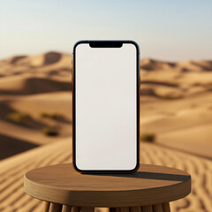 Modern Smartphone Mockup on Wooden Pedestal in Vast Desert Landscape - Technology in Arid Environment