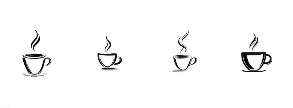 Set of four stylized illustrations of steaming cups of coffee or tea